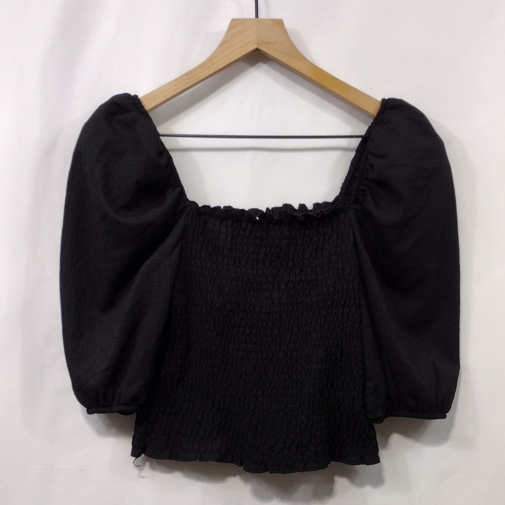 H&M Puff Sleeve Smocked Blouse Womens S Black Babydoll Retro 90s Minimalist